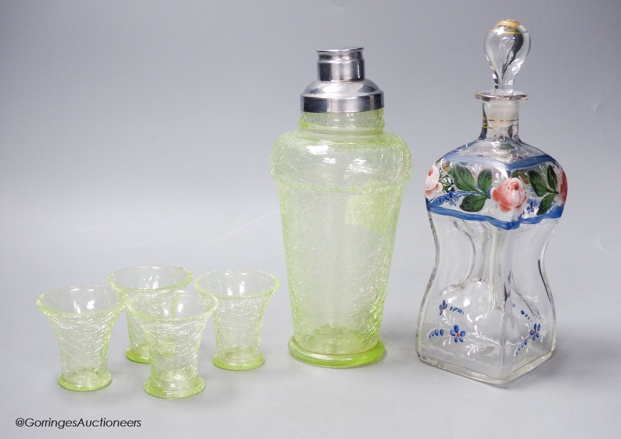 Deco-style green crackle glass cocktail shaker, 6 tots and one other decanter